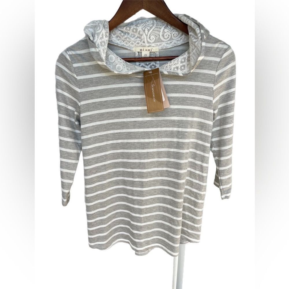 Francesca Striped Lace Hooded 3/4 Sleeve XS Top